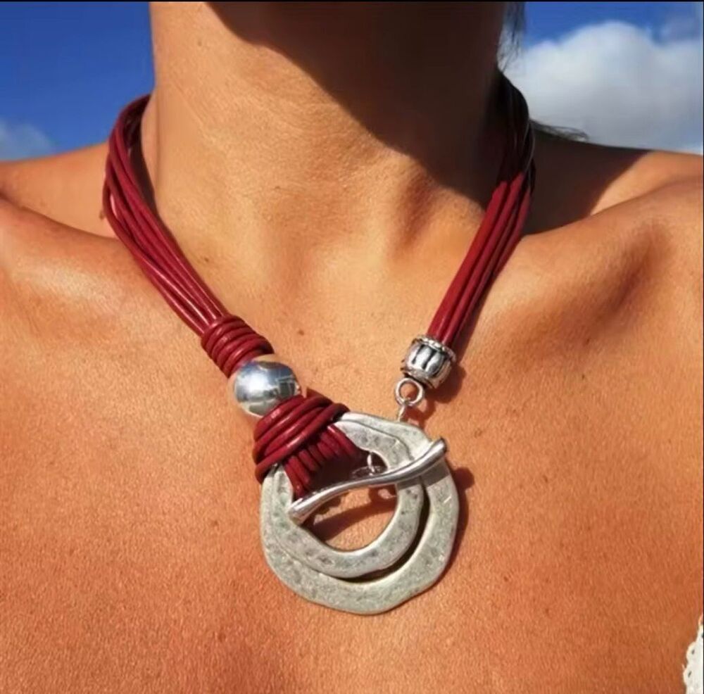 Red Multi Strand Statement Necklace Acrylic Pendant Chunky Necklace Modern Art